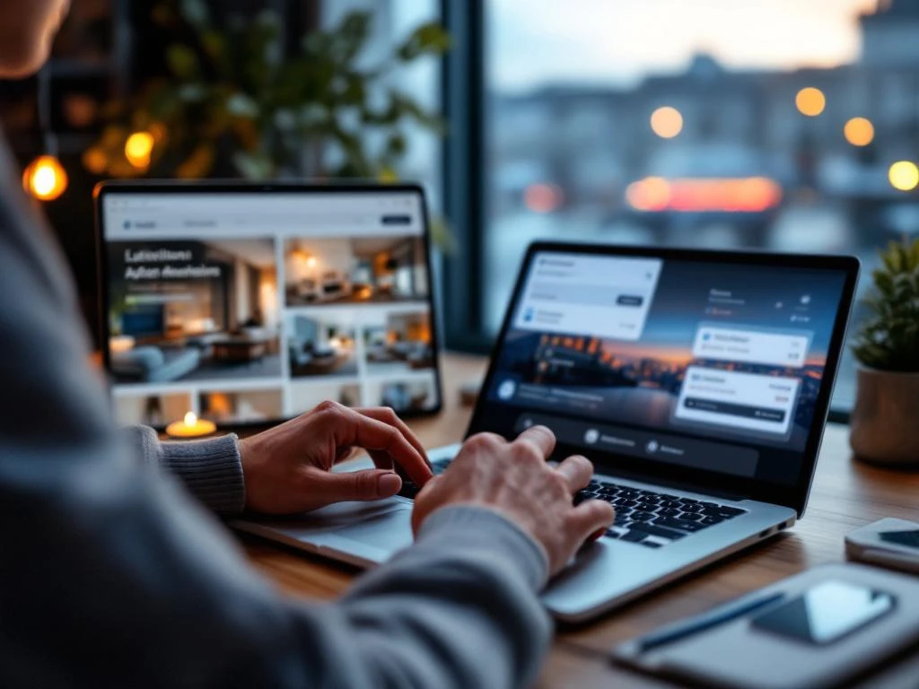 HR-johtaja valitsee Helsinki-asuntoja kannettavalta tietokoneelta toimistossa, kaupunkinäkymä ikkunasta taustalla